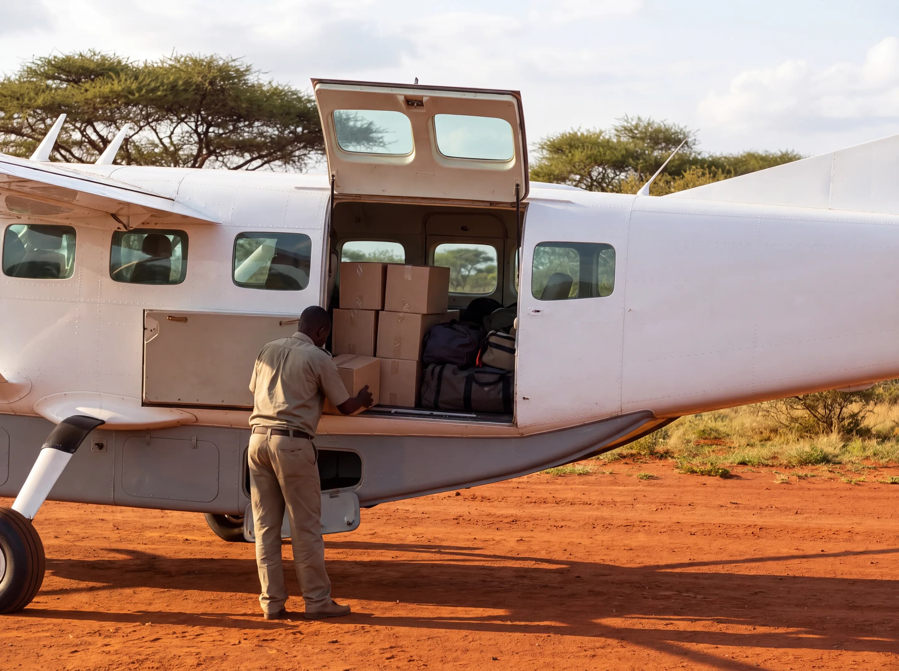 Loading a Grand Caravan through its cargo door on a murram strip (AI-generated illustration)