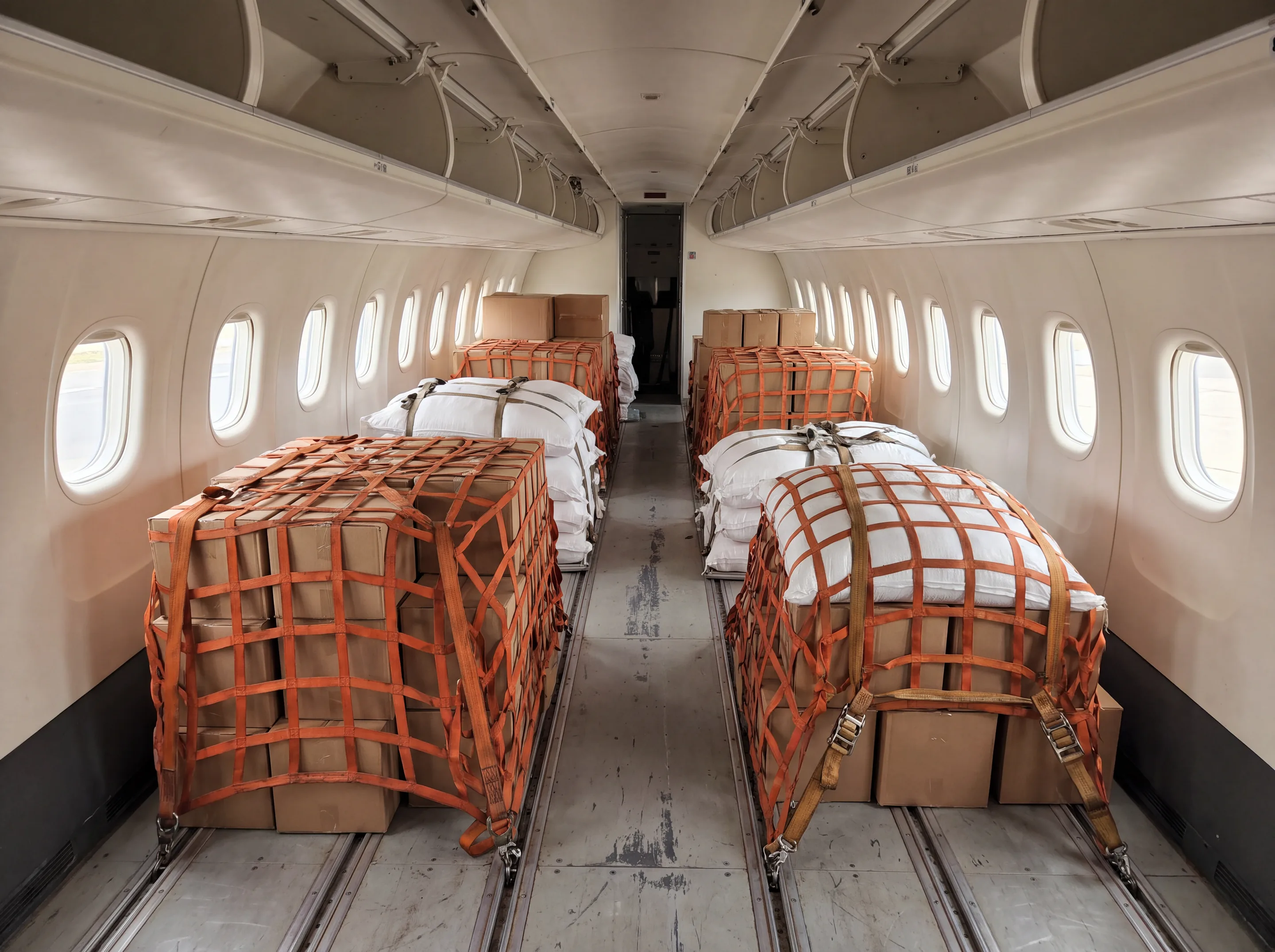 A Dash 8 cabin with the seats out and relief supplies netted down (AI-generated illustration)